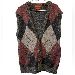 London Fog Argyle Wool Blend Vest Red Gray and Black Button Up Size XL